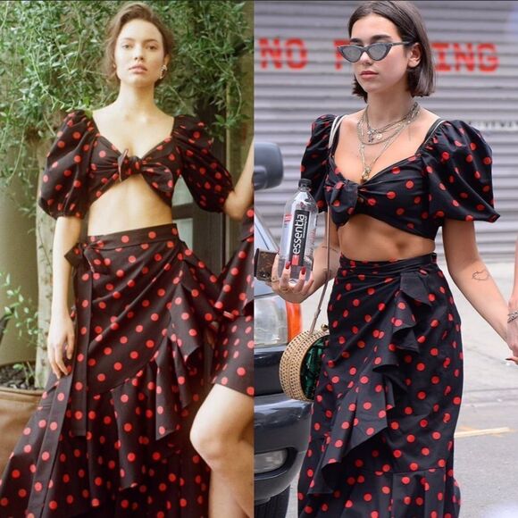 Marianna Senchina Two-Piece Black Polka Dot Bow Top Ruffled Midi Skirt Size M - Picture 1 of 15